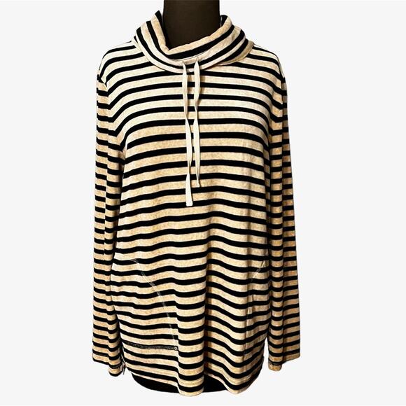 Talbots Navy Striped Velour Nautical Cozy Athleisure Cowl Neck Pullover M - Picture 1 of 5